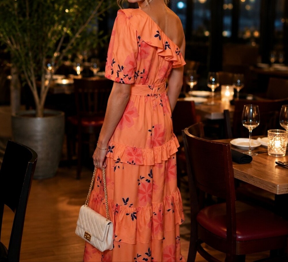 One-Shoulder Orange Floral Ruffled Maxi Dress